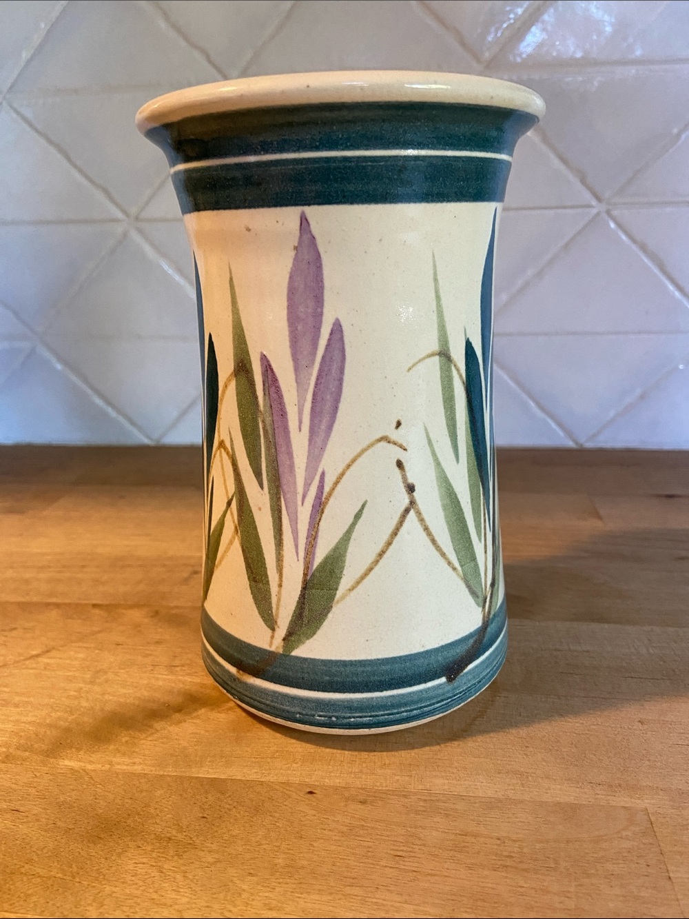 Vintage Studio Pottery Hand-Painted Floral Ceramic Vase in Cream and Green